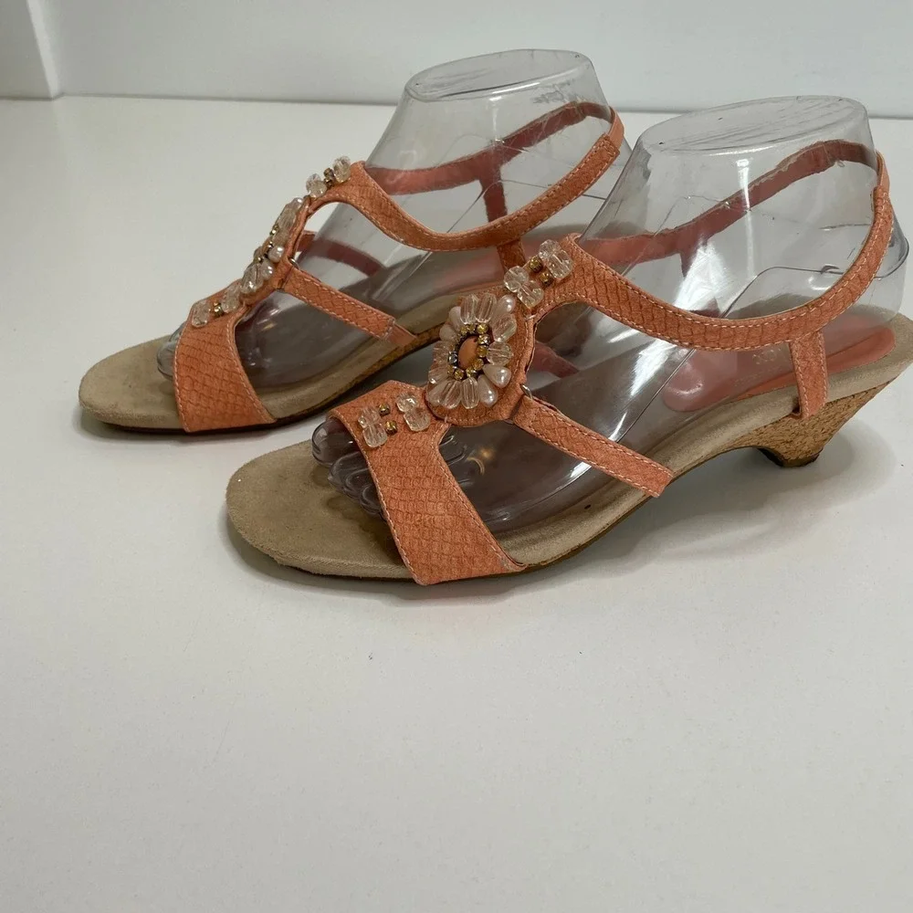AK Anne Klein Aktinny iflex Orange Beaded Floral Wedge Sandal 8.5M Boho Festival
